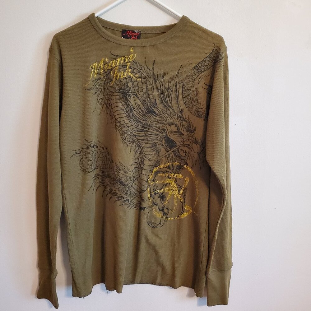 Vintage Hunter Green Dragon Graphic Thermal Long Sleeve Shirt Large